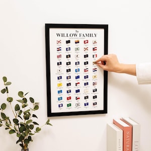 Könnte beinhalten: Ein gerahmter Druck mit den Flaggen der Vereinigten Staaten. Der schwarze Rahmen umgibt einen weißen Hintergrund mit den in Reihen angeordneten Flaggen. Der Text "The Willow Family United States Journey" steht oben. Eine Hand platziert einen Flaggenaufkleber.
