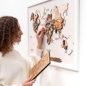Handmade Wooden World Map Triptych, Cork Push Pin Travel Tracker, Adventure Memory Board, Wall Art for Travelers, Stylish Wall Art Decor