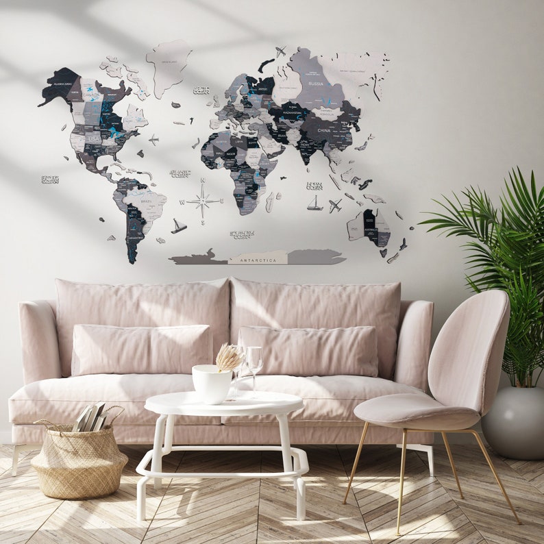 3D World Map Wall Art Living Room Wall Decor Home Decor Black Etsy UK
