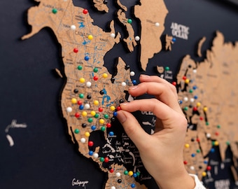Cork World Map Push Pin Travel Map with Pins Wooden Map of the World Apartment Decor 5th Anniversary Gift Wall Art Hanging