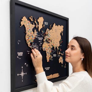 Cork Push Pin Board Map, Wooden World Map Decor, Set of 3 Wall Art, Unique Father's Day Gift