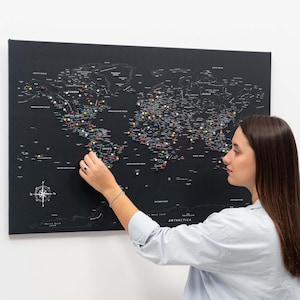 Detailed Travel Map, Visited Countries Pin Board Canvas, Places You've Been World Map, Personalized Travel Tracker, Black Wall Decor, Gifts