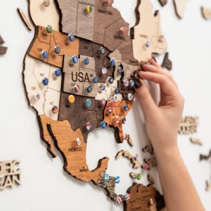 Pu&ograve; includere: Una mappa del mondo in legno con gli Stati Uniti evidenziati, con spilli con vari disegni di bandiere. La mappa &egrave; realizzata in diverse tonalit&agrave; di legno marrone ed &egrave; montata su una parete bianca. La parola "USA" &egrave; visibile.
