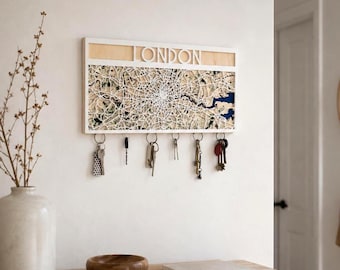 Wooden Key Holder for Wall with London City Map, Magnetic Entryway Organizer, Housewarming Gift