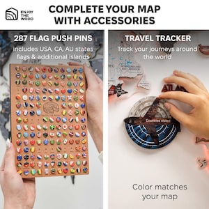 May include: A set of 287 flag push pins on a rectangular wooden board and a circular travel tracker with a rotating dial. The text reads: COMPLETE YOUR MAP WITH ACCESSORIES, 287 FLAG PUSH PINS, TRAVEL TRACKER, and Color matches your map.