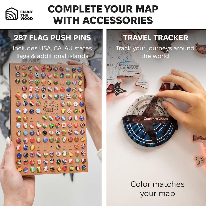 May include: A set of 287 flag push pins on a rectangular wooden board and a circular travel tracker with a rotating dial. The text reads: COMPLETE YOUR MAP WITH ACCESSORIES, 287 FLAG PUSH PINS, TRAVEL TRACKER, and Color matches your map.
