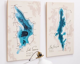 Lake Superior Art, Watercolor Style Lake Map, 3D Wooden Lake Plan, Modern Wall Decor, Map Gift, Travel Lover Gift, Birthday Boyfriend Gift