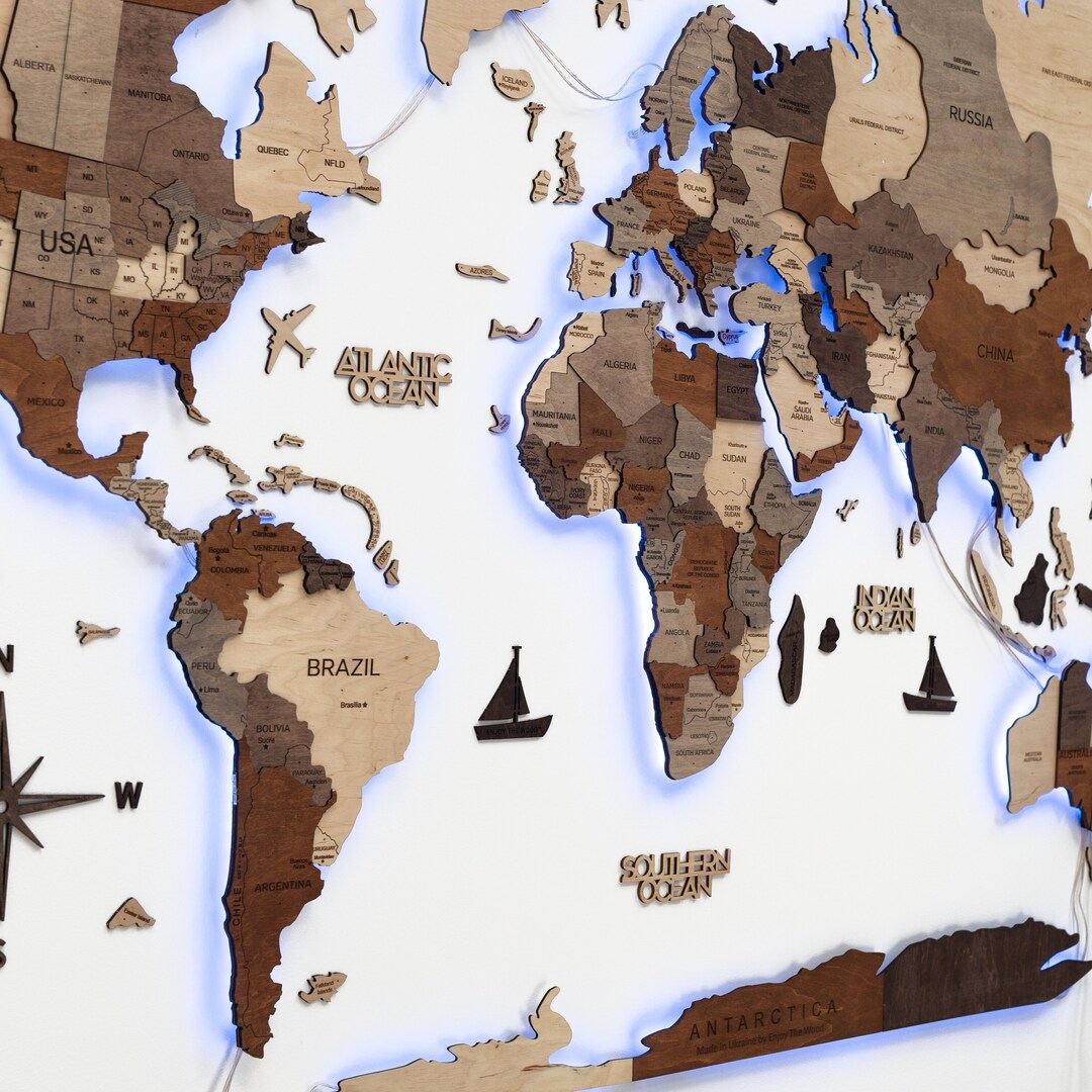 Wooden World Map With LED Backlighting, Wall Art LED, Our Travels Map