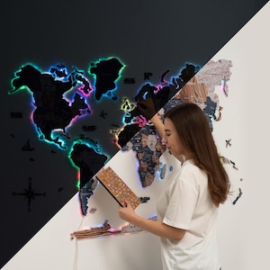Carte du monde 3D avec option LED Décoration murale Salon Carte de voyage Punaises Carte du monde Aventure Art mural Cadeau pour la maison Profitez du bois