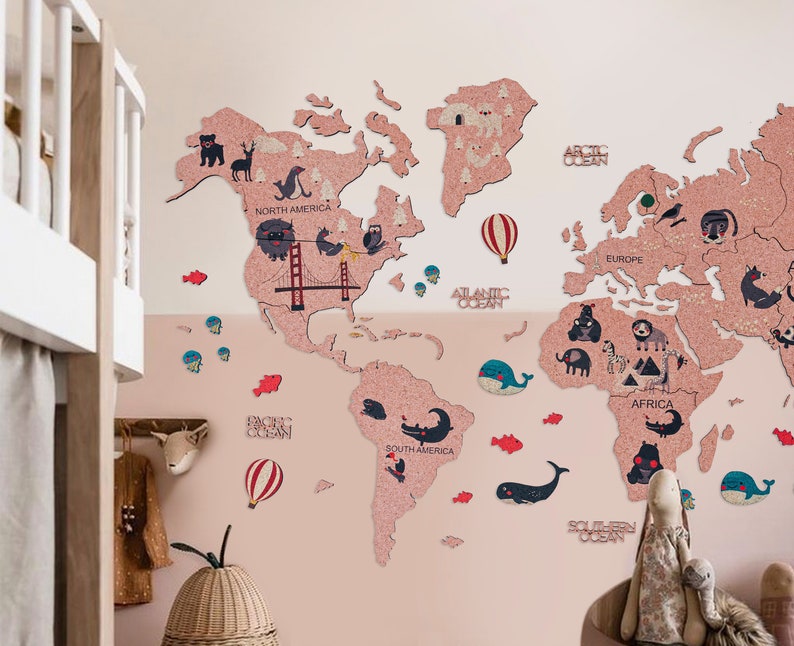Cork World Map Nursery Decor Kids World Map Nursery Wall Art Etsy