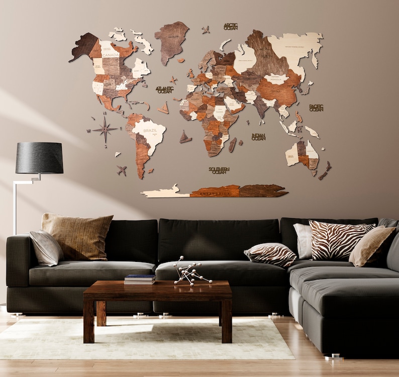 Wooden World Map Housewarming New Home Gift Push Pins Rustic Wall Decor Personalized Gift Home Art Farmhouse Wedding Gift for Couple