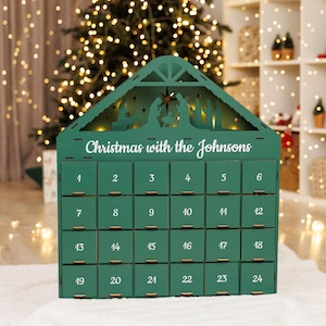 Personalized Advent Calendar Empty& Resuable Wooden Advent Calendar Light Up with Drawers and  Nativity Scene Christmas Holiday Decor