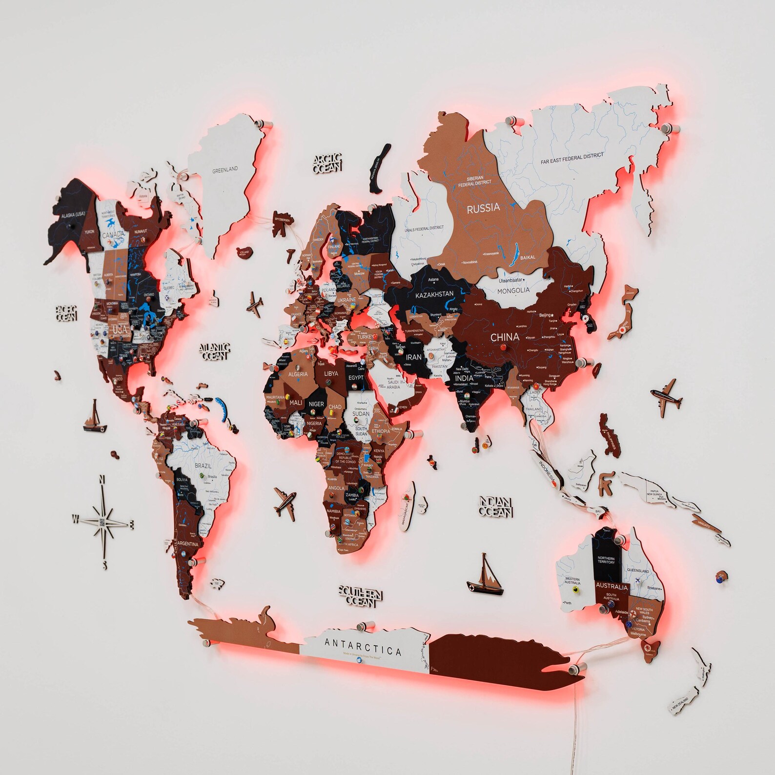 3D World Map With LED Backlight Glows in the Dark Push Pin Traveling ...