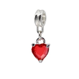 Red Resin Crystal Heart Pendant on Silver, Large Hole Charm, Fits Popular Charm Bracelets