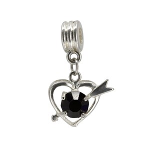 Black Resin Crystal Heart Pendant with Striking Arrow, Large Hole Charm, Fits Popular Charm Bracelets