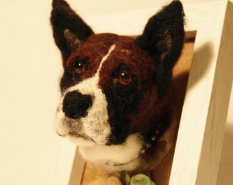 Needle felting dog portrait, felted animal, custom made pet portrait, pet memorial framed, dog urn