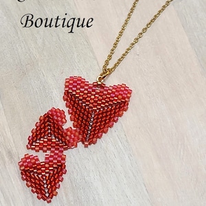 Valentine hearts, 3 tier hearts pendant on necklace, miyuki glass beaded, handcrafted on chain