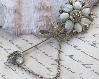 Vintage Marcasite and Monnglow Flower Stick Pin Brooch Gorgeous Flower with Moonglow Stones Silver Alloy and Marcasite Art Deco Style Pin