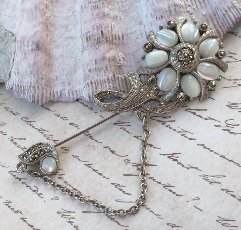 Vintage Marcasite and Monnglow Flower Stick Pin Brooch Gorgeous Flower with Moonglow Stones Silver Alloy and Marcasite Art Deco Style Pin