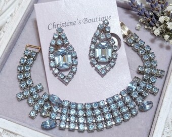 Baby Blue Sparkley Rhinestone Vintage Bracelet and Earrings Set