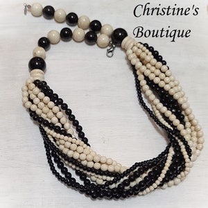 Vintage zwart en bot kleur hout Mutli strand gedraaide strengen ketting, zwart en beige kralen ketting, houten ketting,