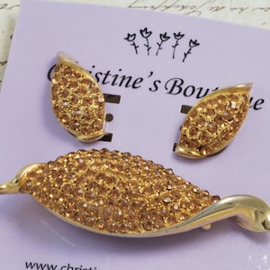 Vintage Weiss Bernstein Topas Strass Blatt Pin Brosche und Ohrringe Set Toller Zustand Versandkostenfrei