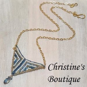 Handcrafted Necklace, Blue and Gold Triangle Pendant, Striped Triangle Pendant, Miyuki Glass Beaded Pendant, Beaded Necklace, Blue Stripes