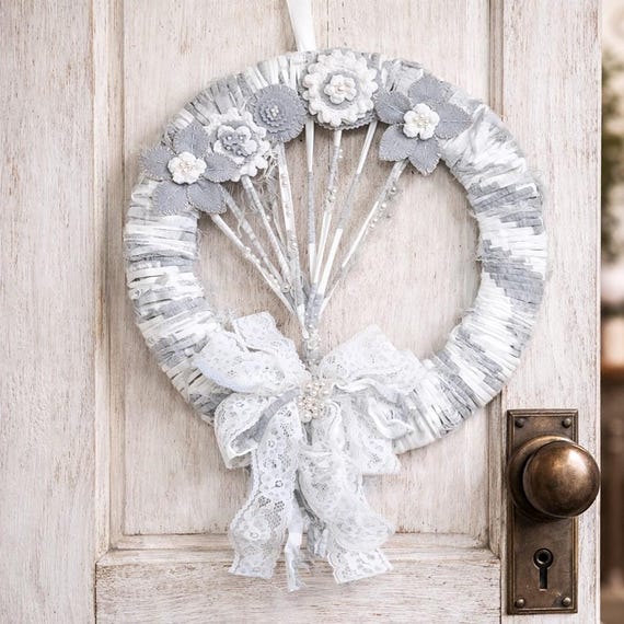Handmade Shabby Chic Wreath, Felt Crochet Flowers, Pearl Accents 