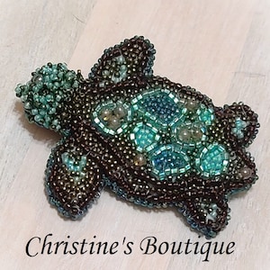 Handmade Bead Embroidery Turtle Pin Designed by Christine