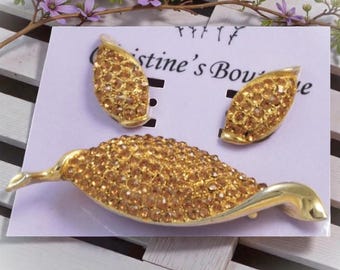 Vintage Weiss Rhinestone Leaf Brooch and Clip Earrings Set