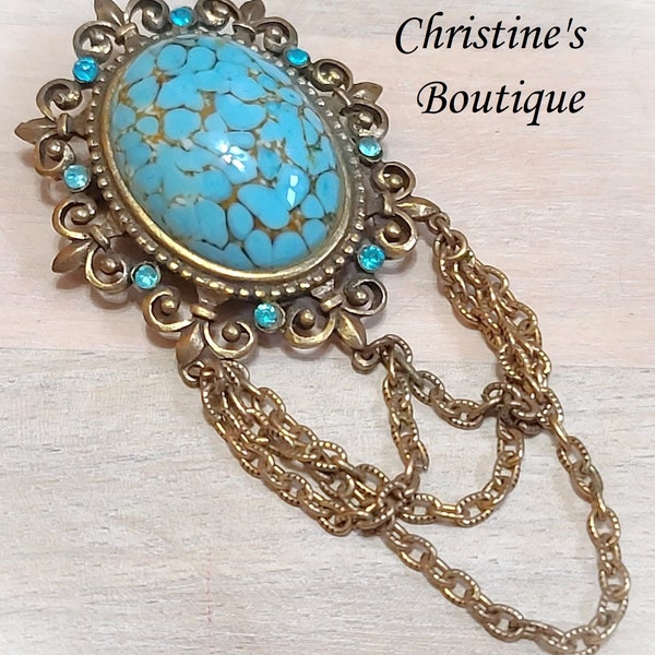 Vintage Brooch, Glass Center Cabachon Pin with Chain Dangle Fringe, Antique Gold Finish, Turquoise  Rhinestones, Cameo Style Brooch, Pin
