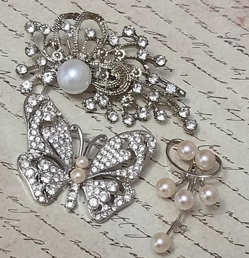 Rhinestone Spray and Silver and Pearl Twist Brooches Vintage Lot Brooches 3 Monet Silver White Rhinestone Butterfly Beautiful Condition
