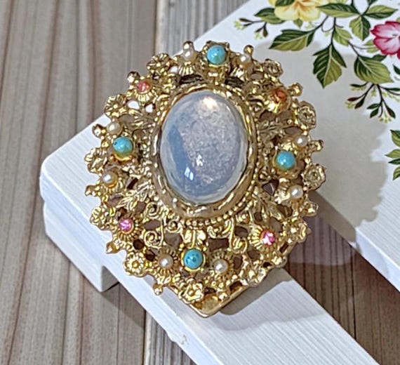 Vintage Goldtone Moonglow Scarf Clip, Ornate Dress Clip