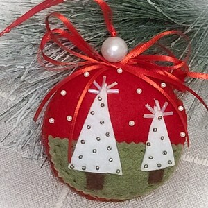 Felt and Beaded Ornament, Christmas Trees, Evergreen Tree, White Tree, Blue Tree, Round Stuffed Ornaments, Felt, Ribbon and Beads, Scenic