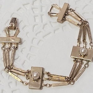 Vintage Gold Link Bracelet with Pronged Set Pearls, Goldtone Vintage Bracelet, Pearl Accent Bracelet