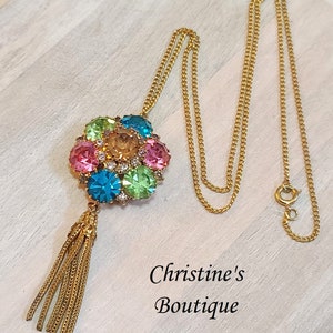 Vintage Multi Color Rhinestone Pendant with Fringe Necklace Pink Blue Green Yellow Rhinestones Pendant Lariat Necklace