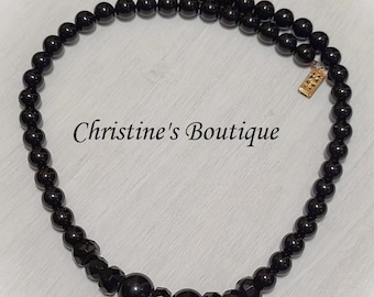Vintage Black Glass Necklace, Glass Beaded Necklace, Faceted Glass Beads, Black Beaded  Necklace, Vintage Beaded Necklace