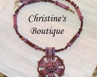 Handcrafted Artisan Necklace, Pinwheel Pendant Necklace, Red Garnet Gemstones, Miyuki Glass Beaded Beads, Strung, Rasberry & Pink Glass