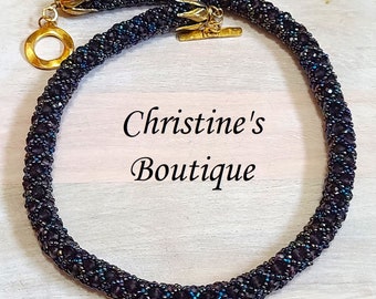 Handmade beaded rope necklace, Carnival Seed beads and Deep Purple Crystals Netted Necklace Braided Necklace Hand Sewn