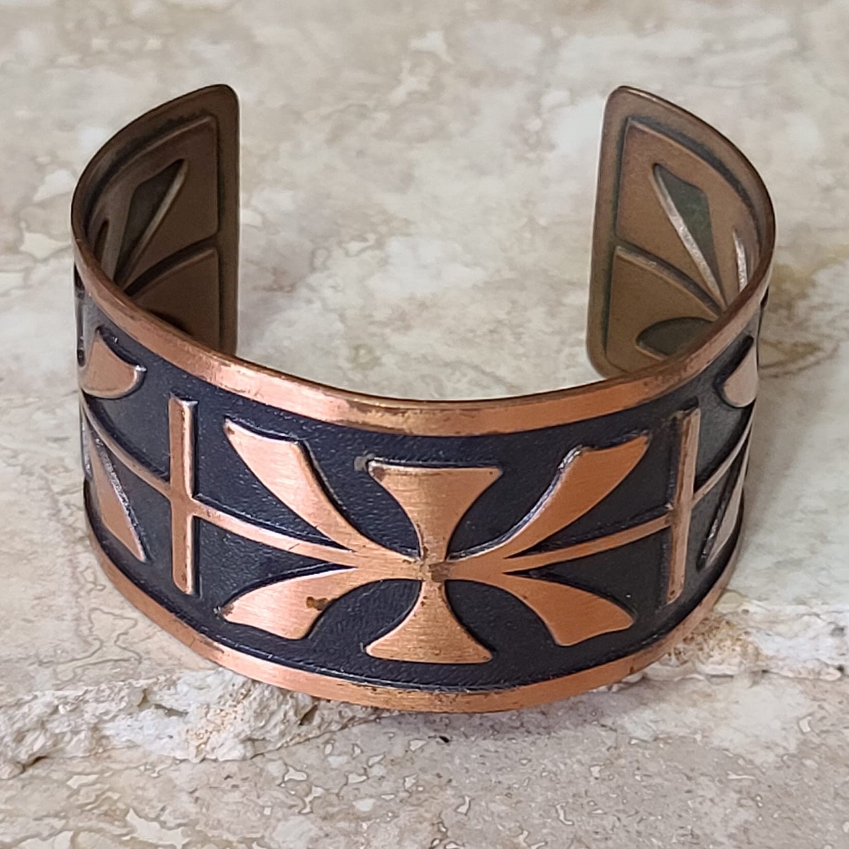 Bracelet Tribal Vintage En Cuivre - Largeur 7,5 Cm, Style Rigide Années 1960, Occasion Parfait état