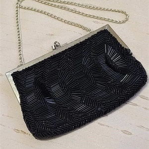 Vintage Walborg Beaded Purse with Gold Chain Strap Designer Walborg Black Beaded Handbag Beaded Bugle Bead Handbag Vintage Beaded Accessory