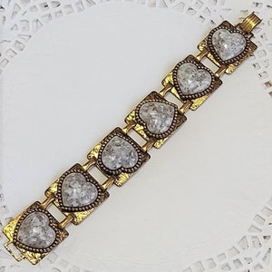 Vintage Heart Link Bracelet with Heart Faux Confetti Stones Hearts Brass tone Gray stones are speckled Vintage Bracelet