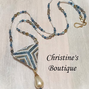 Handcrafted Necklace, Puffy 3D Triangle Necklace, Miyuki Glass Bead, Peyote Stitch, Pendant Necklace, Blue, Gray, Beige Stripe Pendant