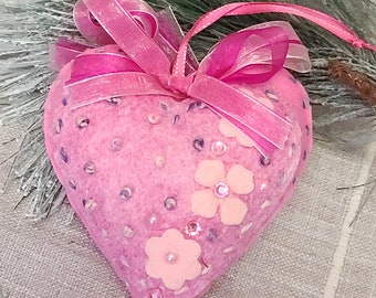 Handmade Valentine felt hearts 4 x 4 1/2 Pink Hearts with flowers and embellishments Spring Hearts Pink Ornaments Feltwork Gift topper