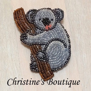 Vintage Seed Bead Koala Bear Pin Brooch Bead Embroideoiry Pin Koala Australia Koala on a Branch Animal Jewelry, Koala Bear Pin, Koala Bear