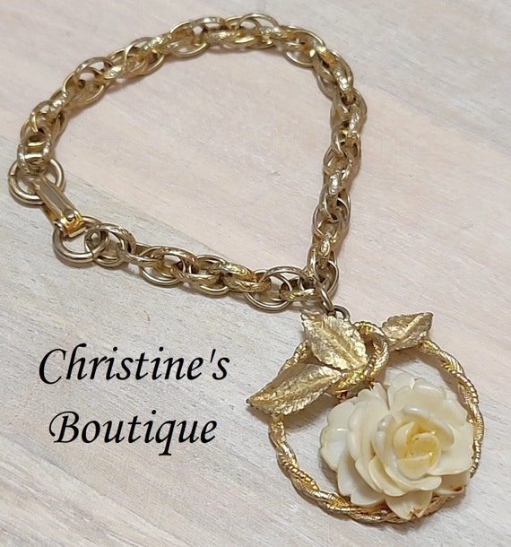 Vintage Carved Rose Celluiode Drop Charm Bracelet,