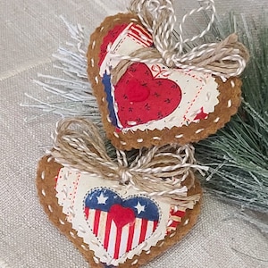 Handmade Primitive Decor Gingerbread Heart Ornaments USA Flag Red White Blue Patriotic Ornaments July4th Christmas tree Ornament Country