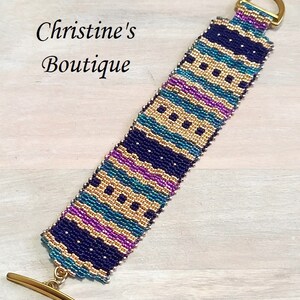 Geometric pattern peyote stitch bracelet, with toggle clasp, metallic gold with navy, teal and purple miyuki glass beads image 4