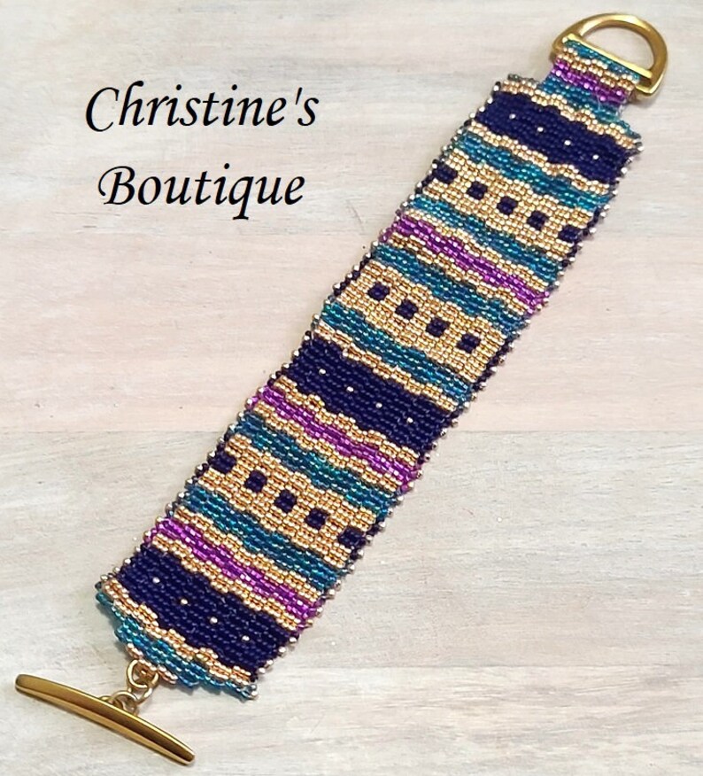 Geometric pattern peyote stitch bracelet, with toggle clasp, metallic gold with navy, teal and purple miyuki glass beads image 4