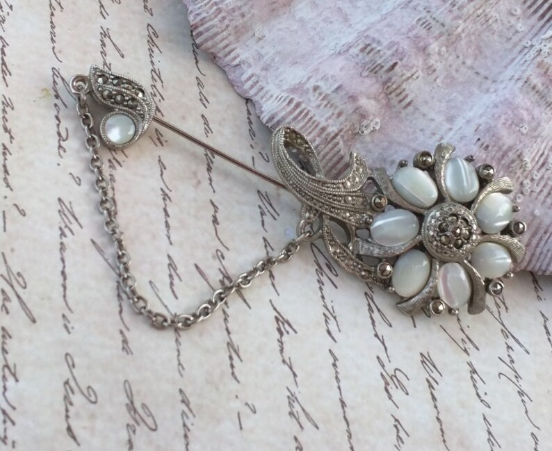 Vintage Marcasite and Monnglow Flower Stick Pin Brooch Gorgeous Flower with Moonglow Stones Silver Alloy and Marcasite Art Deco Style Pin